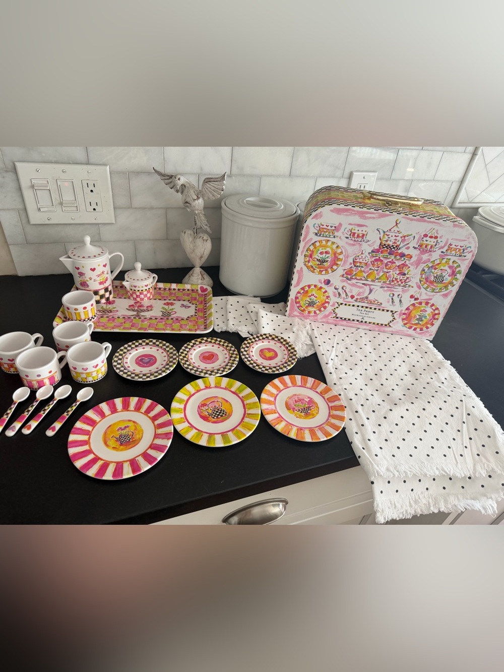 McKenzie Childs Melamine Tea Party Tea Set tray and case